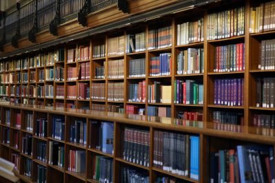 Books on shelves in library