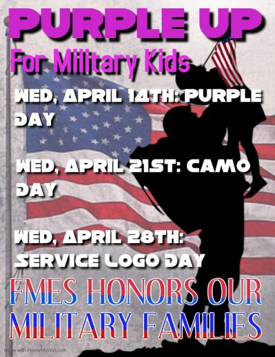 Poster of Purple Up for Military Kids celebration ideas at a local school district