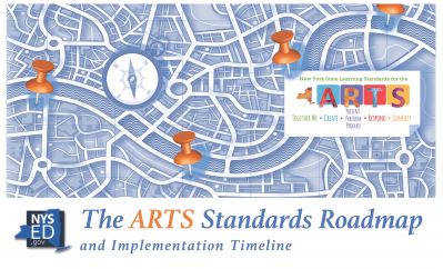 Picture of the cover of the Arts Roadmap and Implementation Timeline; image shows various thumbtacks and a timepiece above a map to illustrate the process of implementing the Arts learning standards