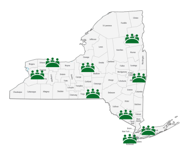 A map of the state of New York with icons of people meeting located in the following New York State locations: Suffolk County; New York City, Orange County, Rensselaer County, Essex County, Broome County, Monroe County, Onondaga County, and Erie County. 