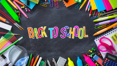 image of school supplies wit the words "back to school" written in colorful lettering on a chalkboard