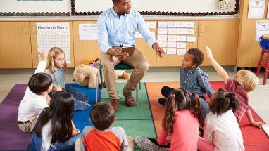 Teacher with group of elementary students in circle