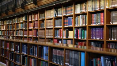 Books on shelves in library