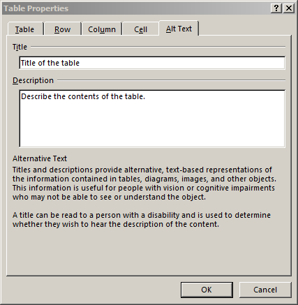 Select the Alt Text tab. Enter a Title and a Description for the table.