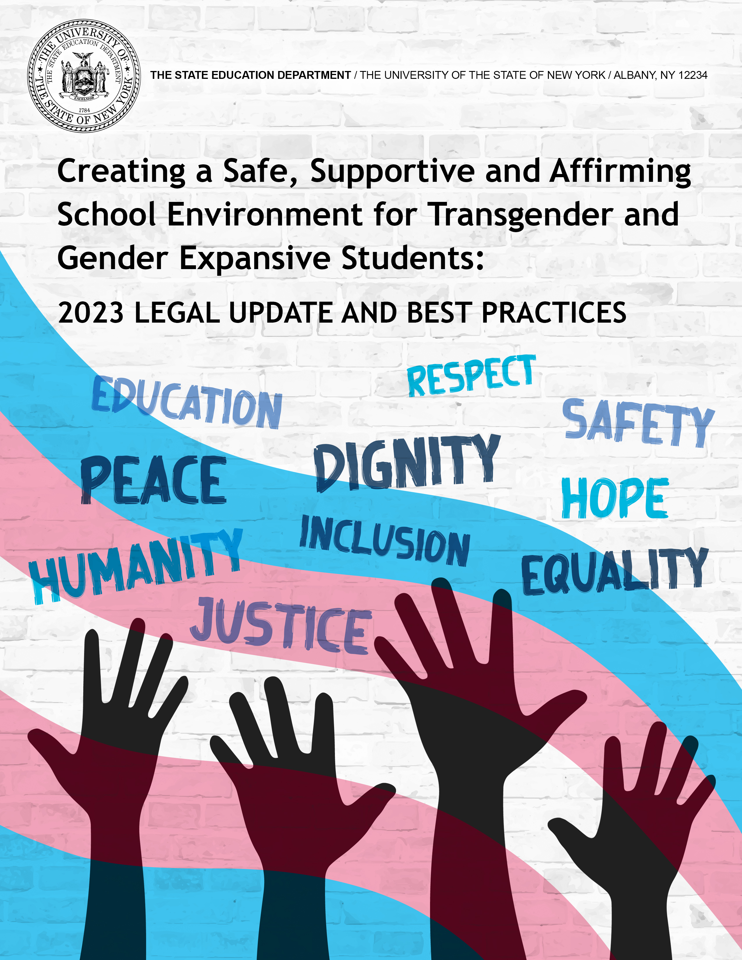 Four silhouette hands reaching up towards the words Education, Peace, Humanity, Respect, Dignity, Inclusion, Justice, Safety, Hope, and Equality.  The colors of the transgender flag wave over the bottom half of the image.