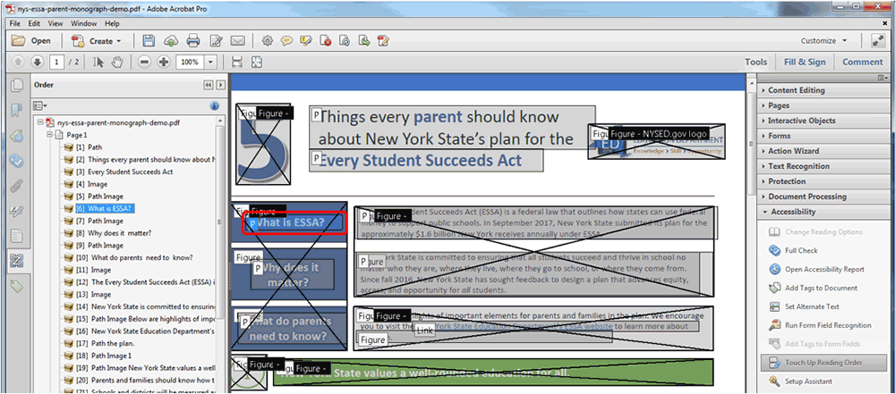 Touch Up Reading Order Tool screenshot showing document order before changing the reading order.