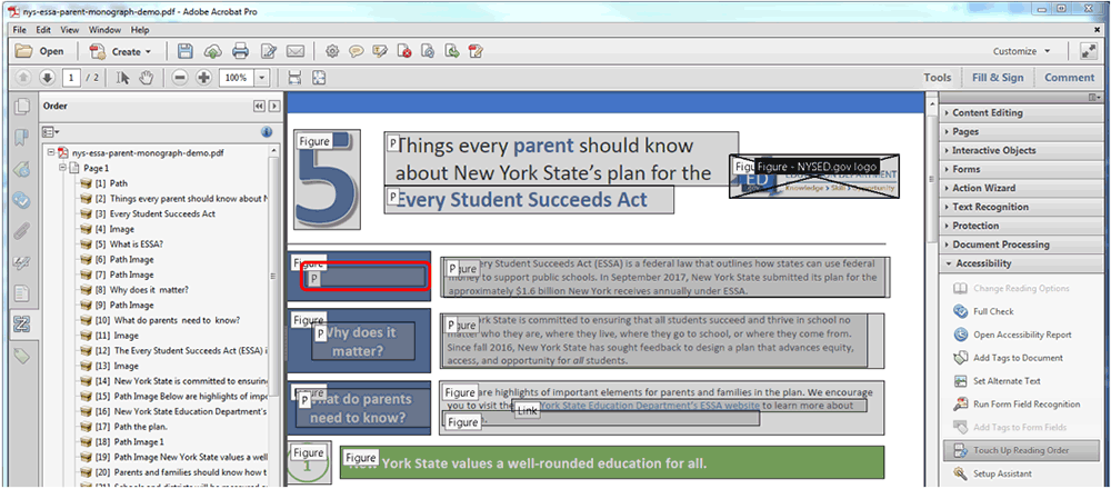 Touch Up Reading Order Tool screenshot showing document order after changing the reading order and the paragraph text has "disappeared."