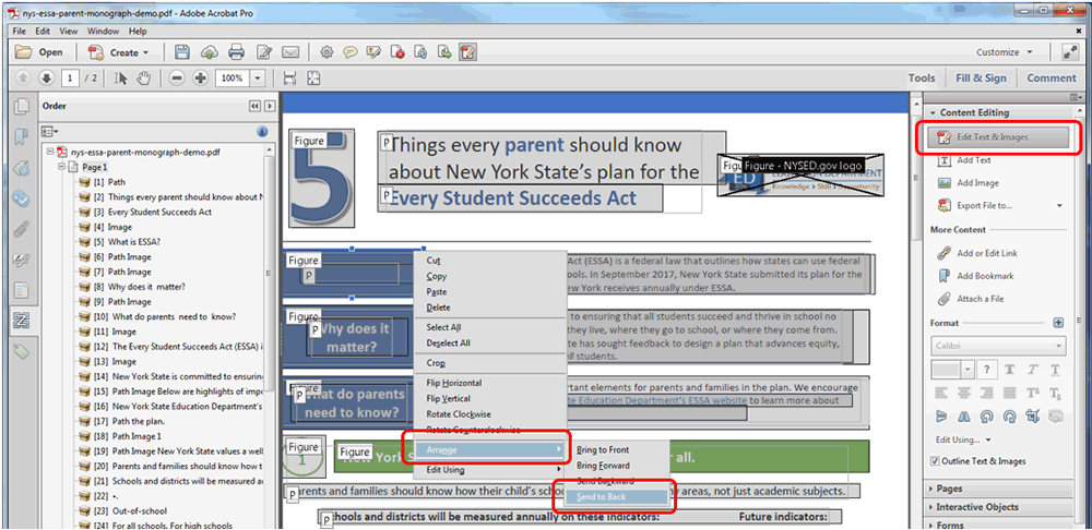 Sample document with reading order panel on the left side and the content editing panel on the right side with the pop-up window showing the arrange send to back menu item.