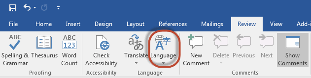 Click the Review tab. Click the Language down arrow. Select Set Proofing Language.