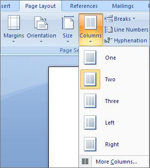 Select Page Layout on the Ribbon. Select Columns in the Page Setup group.